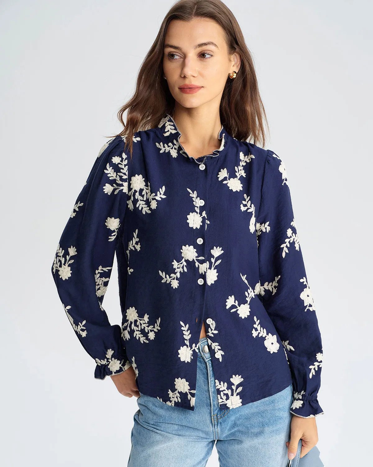 Navy Floral Poet Sleeve Shirt sold by rihoas