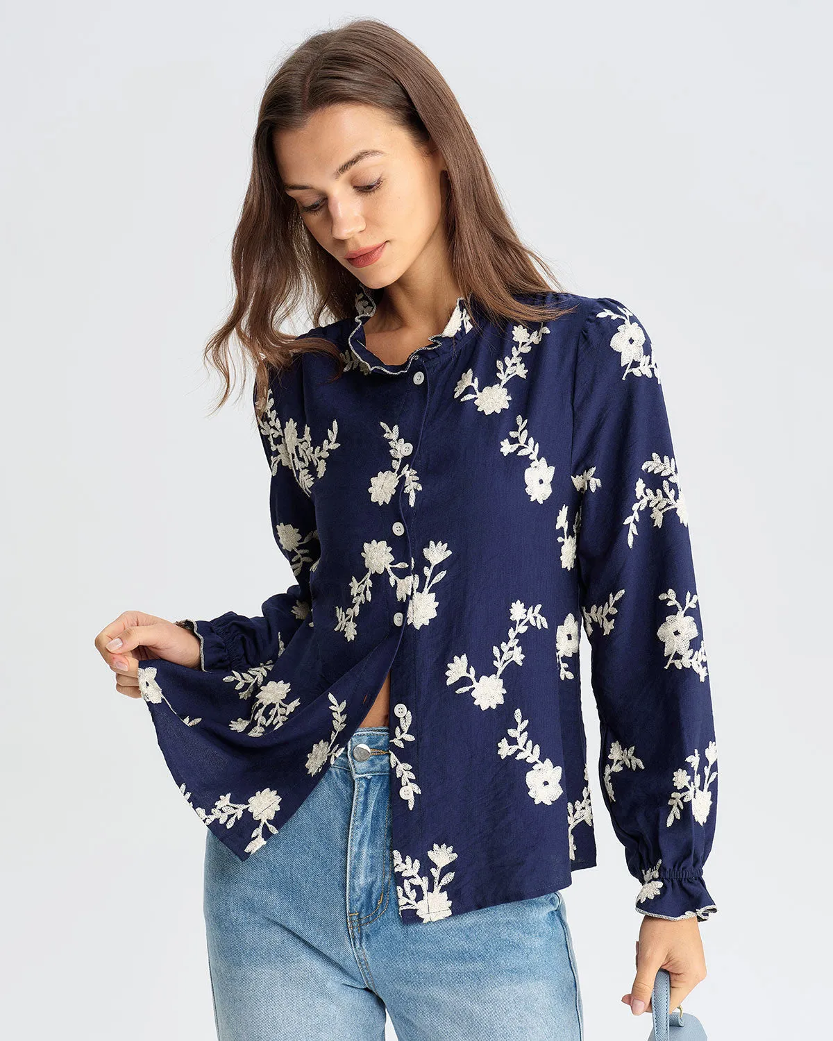Navy Floral Poet Sleeve Shirt sold by rihoas product image thumbnail 2