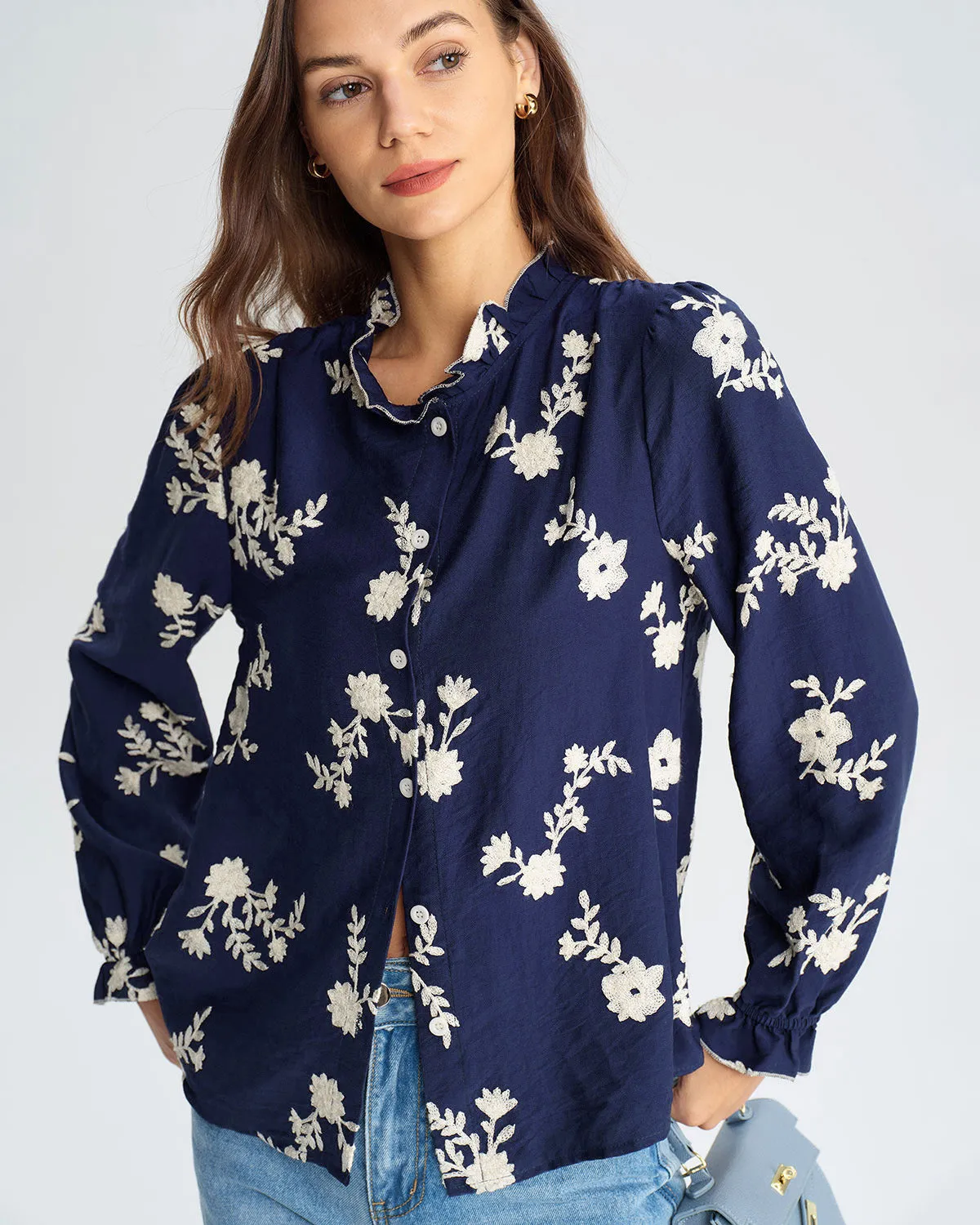 Navy Floral Poet Sleeve Shirt sold by rihoas product image thumbnail 3