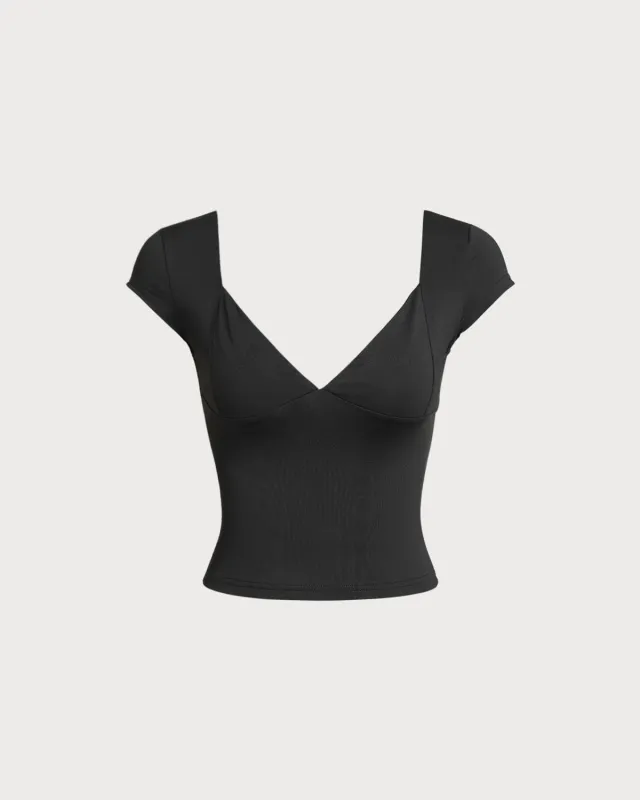 Black V Neck Cap Sleeve Tee sold by rihoas