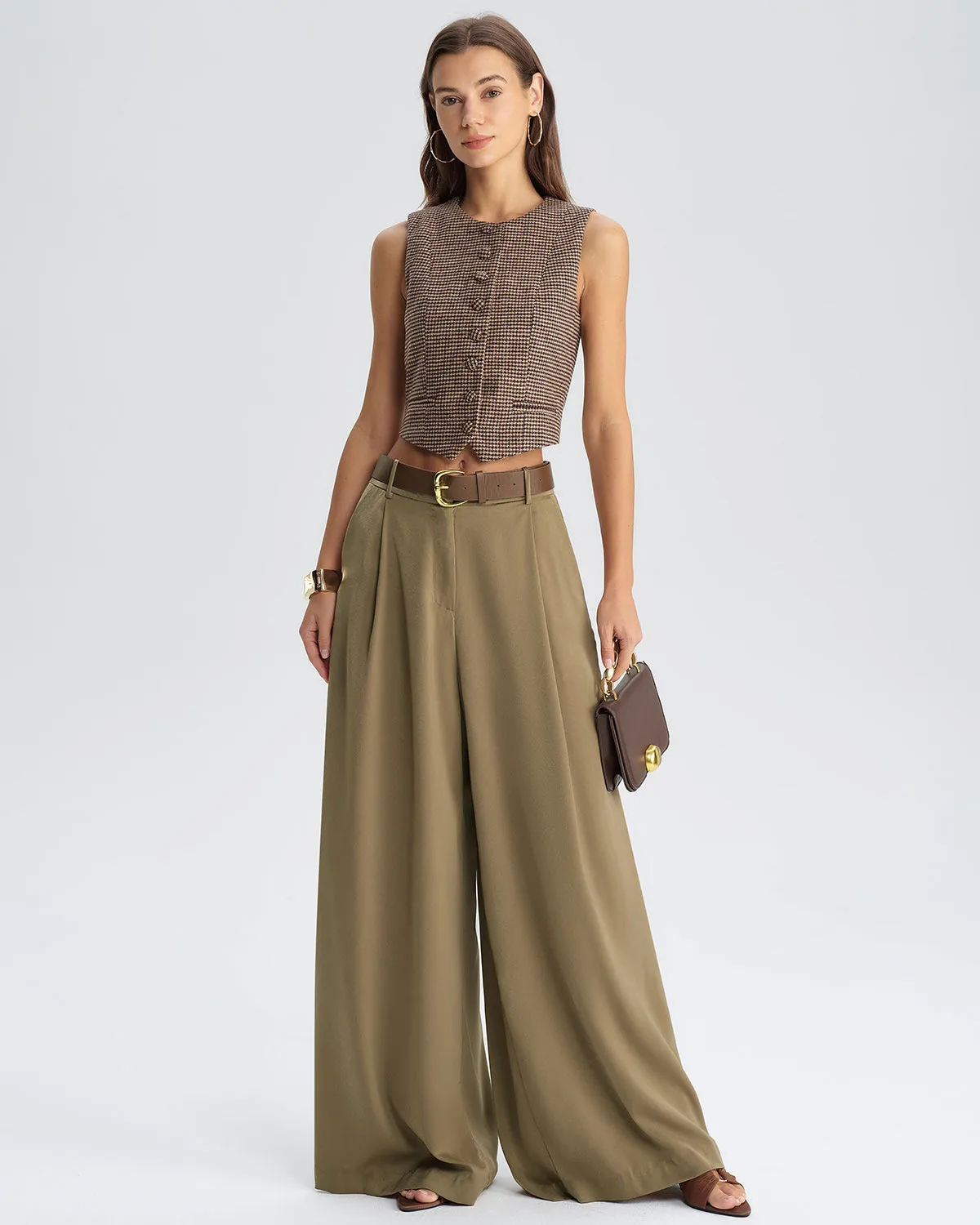 Khaki Natural Waisted Wide Leg Casual Pants sold by rihoas product image thumbnail 4