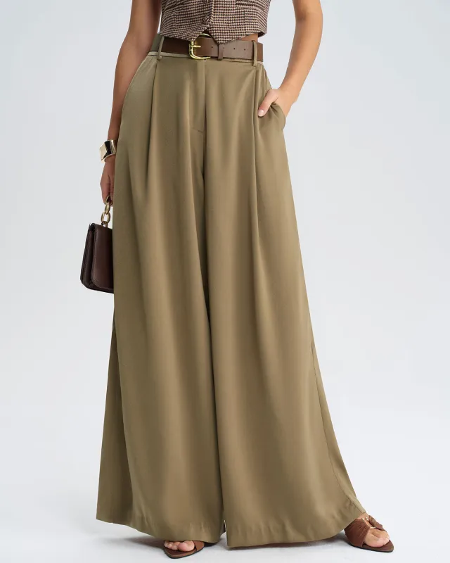 Khaki Natural Waisted Wide Leg Casual Pants made by rihoas
