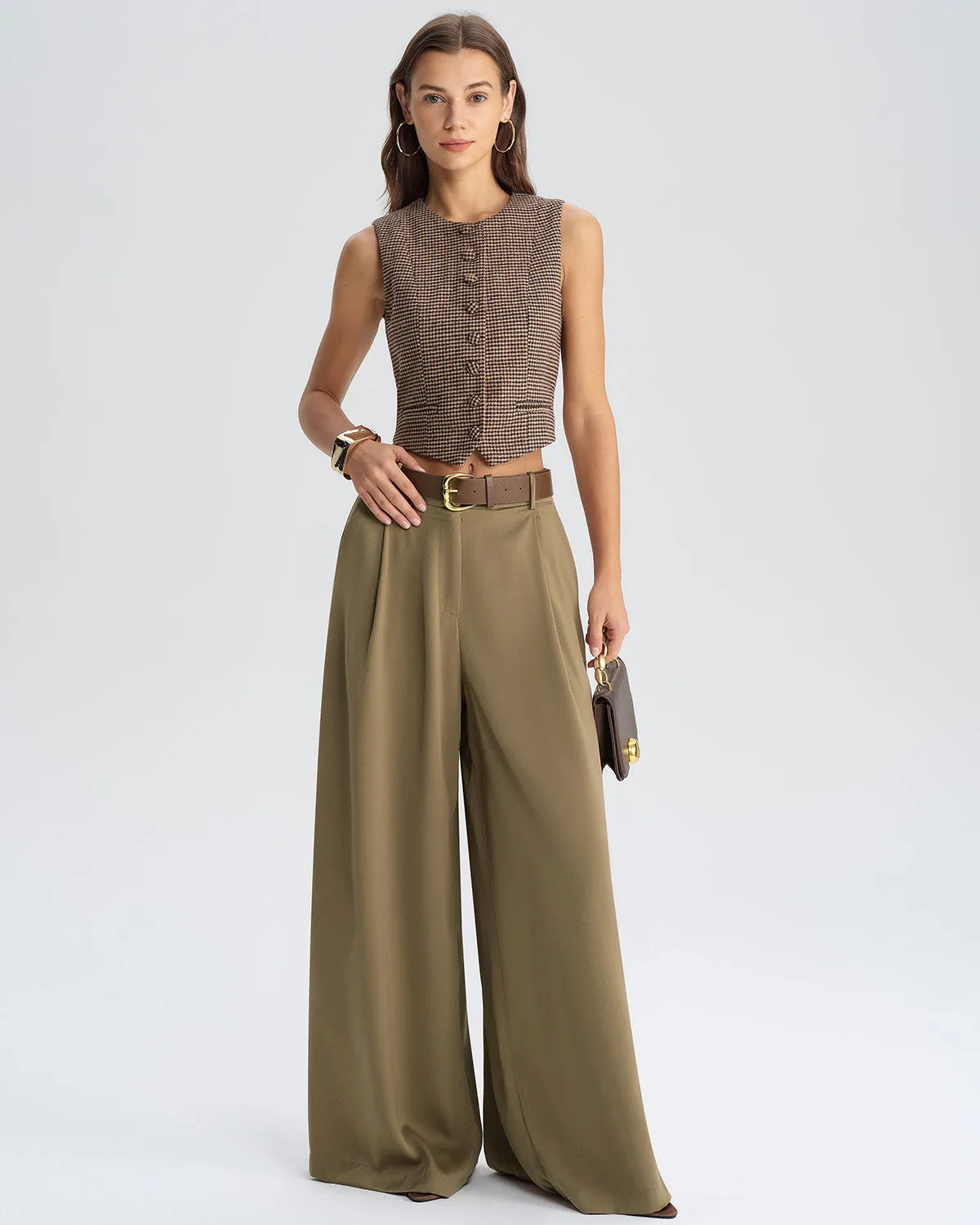 Khaki Natural Waisted Wide Leg Casual Pants sold by rihoas product image thumbnail 3