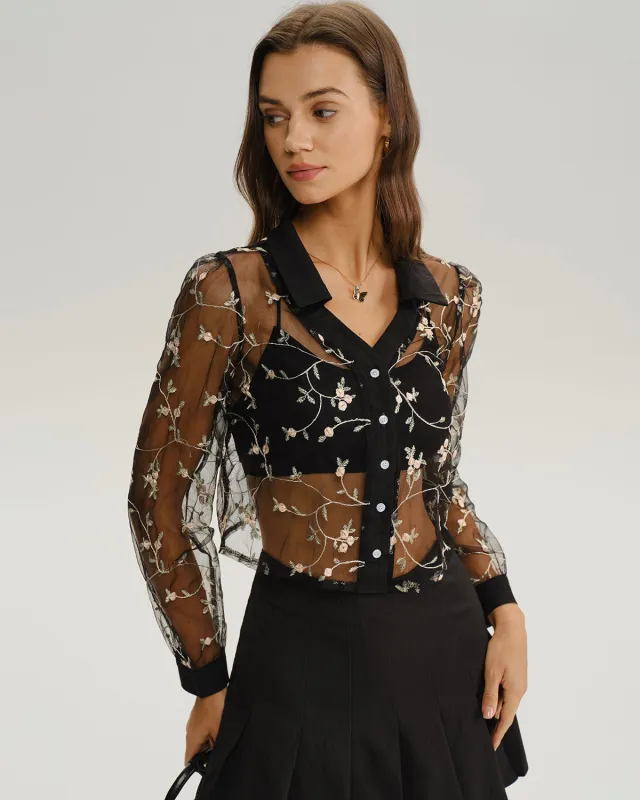 Black V Neck See Through Blouse sold by rihoas