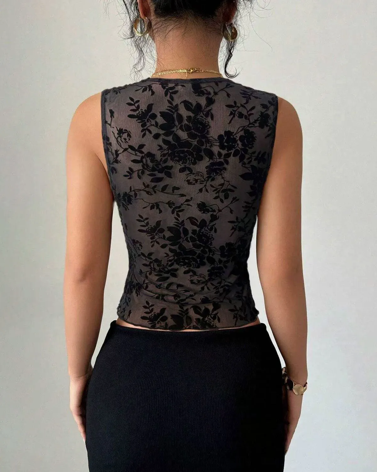 Black Lace V Neck Tank Top sold by rihoas product image thumbnail 2