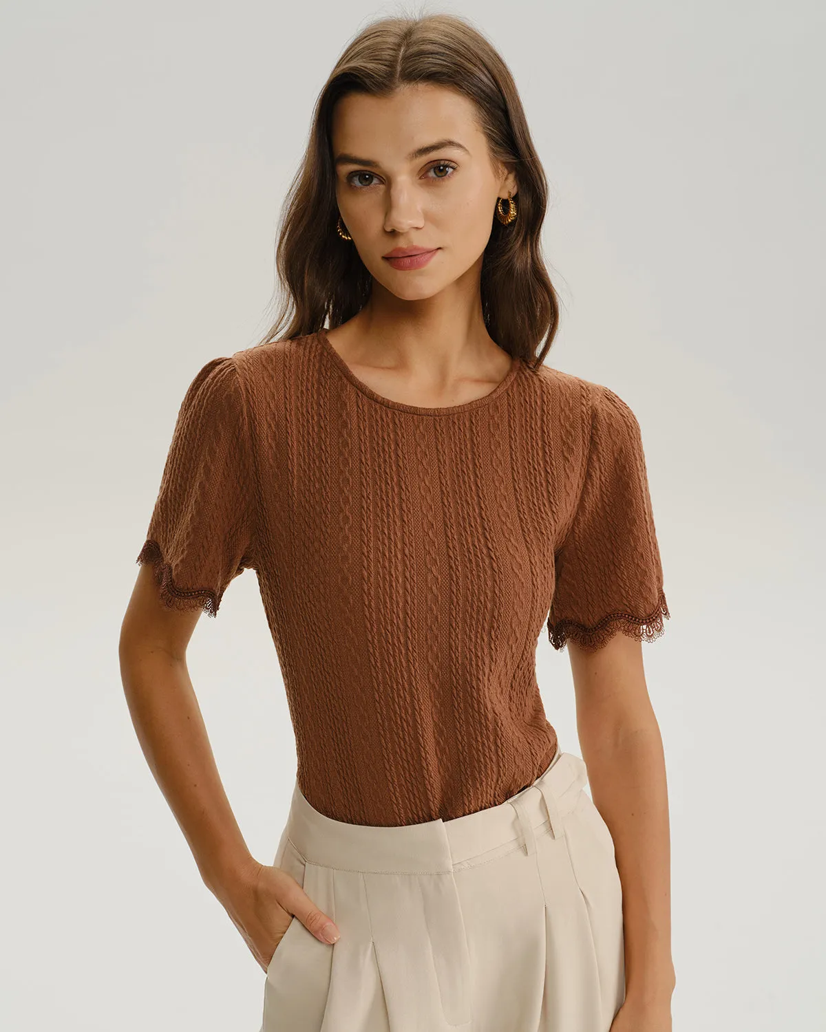 Brown Round Neck Textured Knit Tee sold by rihoas