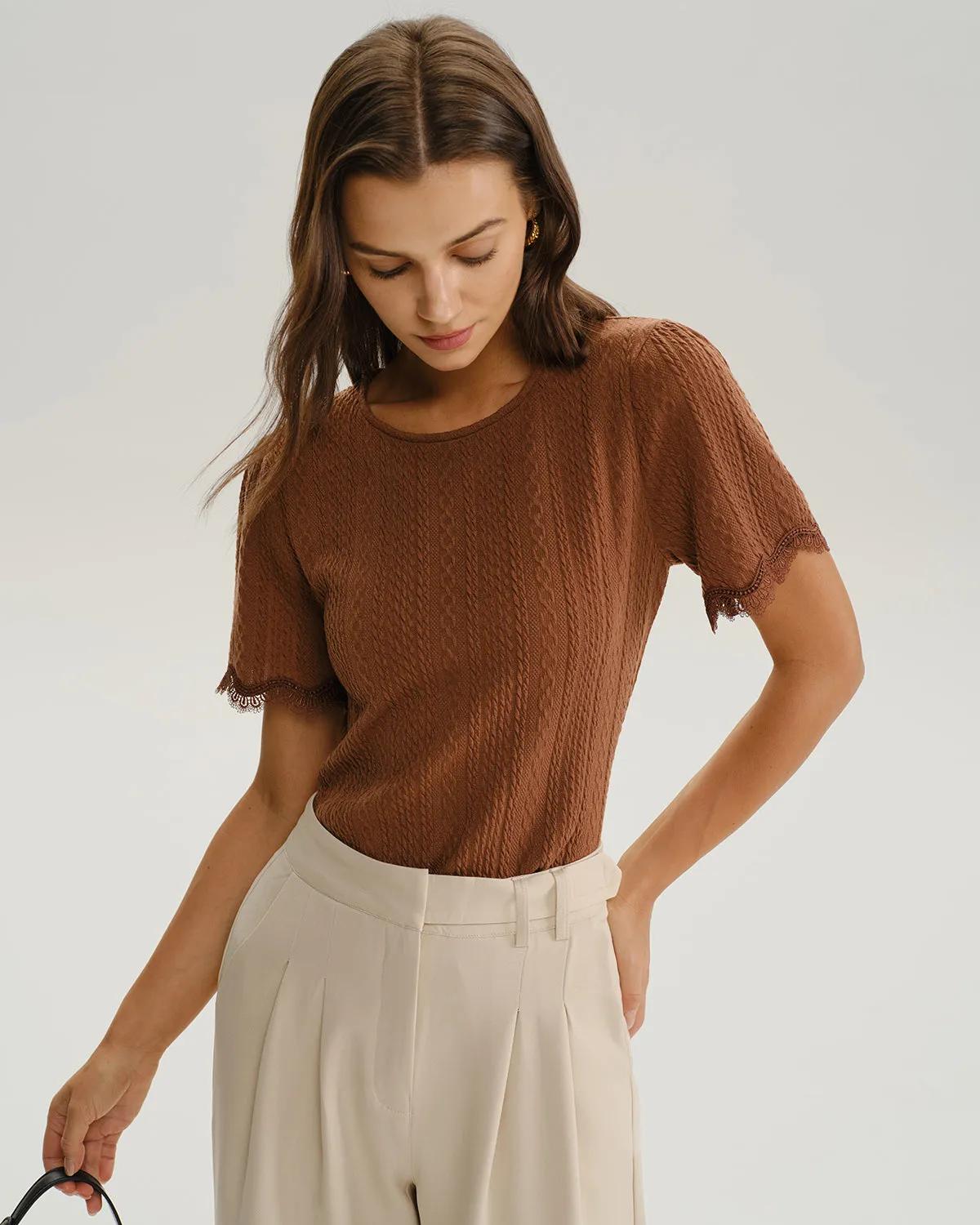 Brown Round Neck Textured Knit Tee sold by rihoas product image thumbnail 2