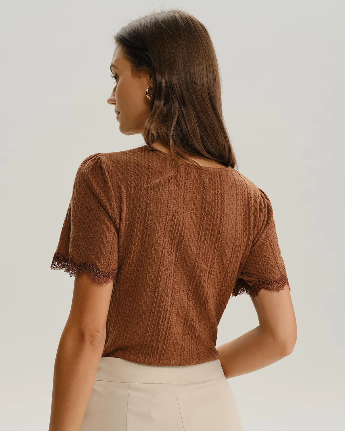 Brown Round Neck Textured Knit Tee sold by rihoas product image thumbnail 4