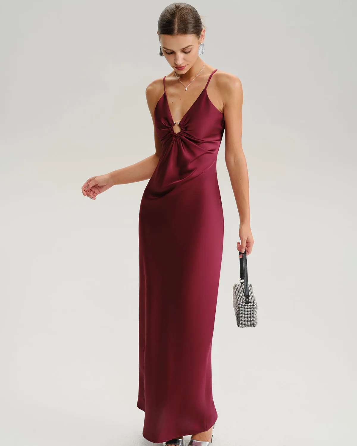 Wine Red Ruched V Neck Slip Maxi Dress sold by rihoas product image thumbnail 4