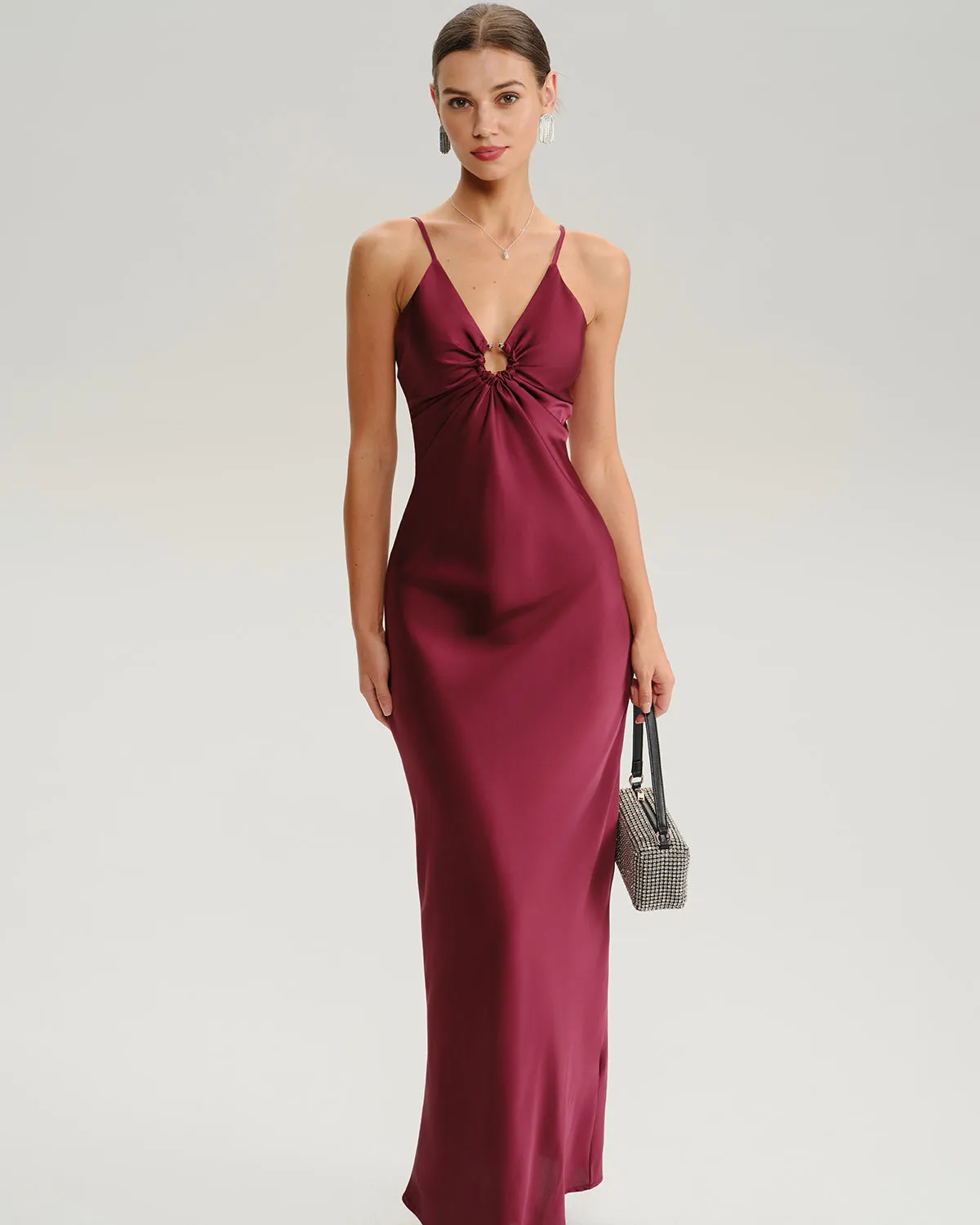 Wine Red Ruched V Neck Slip Maxi Dress sold by rihoas product image thumbnail 3