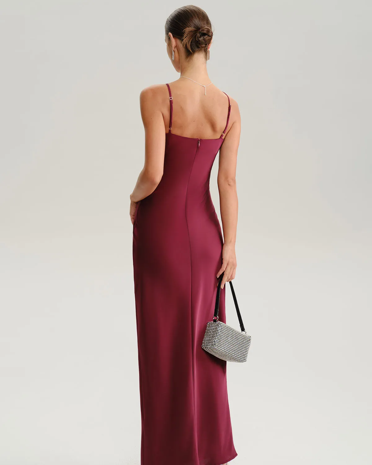 Wine Red Ruched V Neck Slip Maxi Dress sold by rihoas product image thumbnail 5