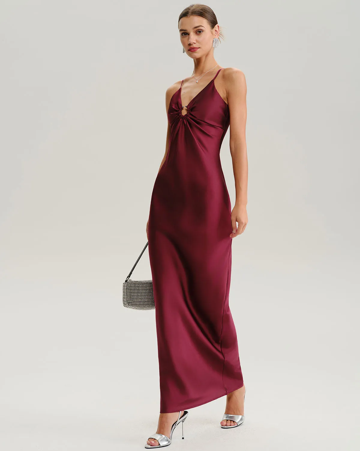 Wine Red Ruched V Neck Slip Maxi Dress sold by rihoas