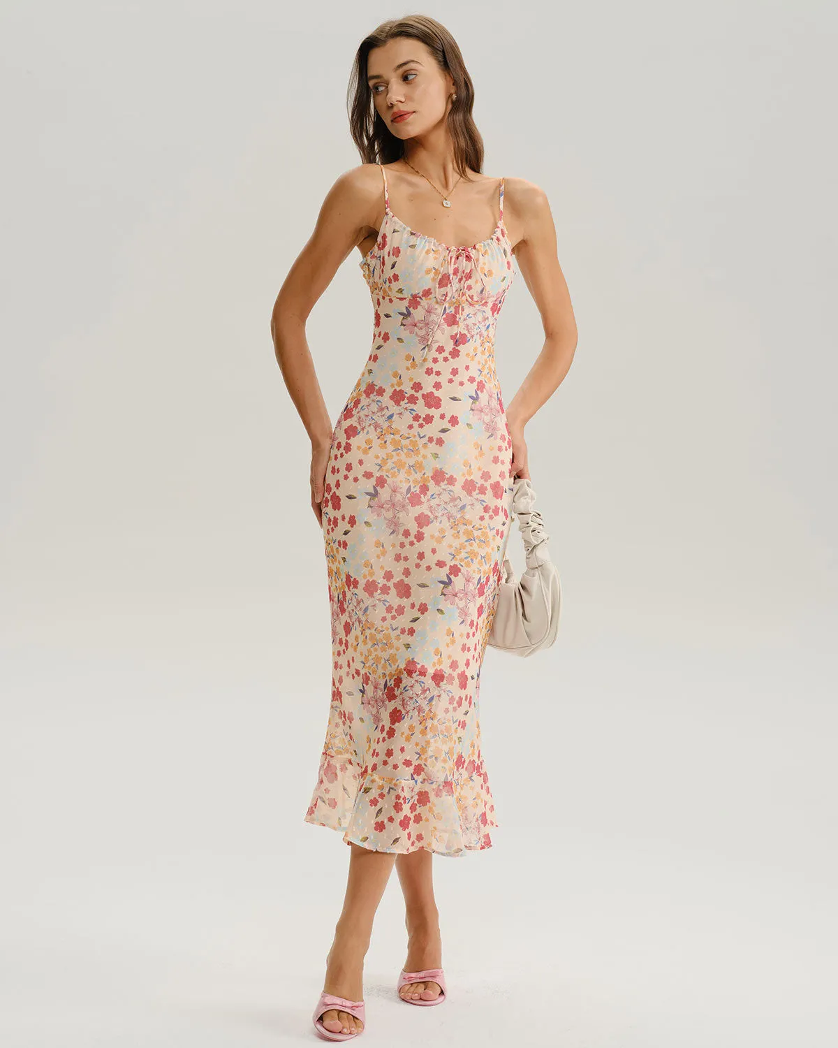 Pink Floral Bodycon Slip Midi Dress sold by rihoas