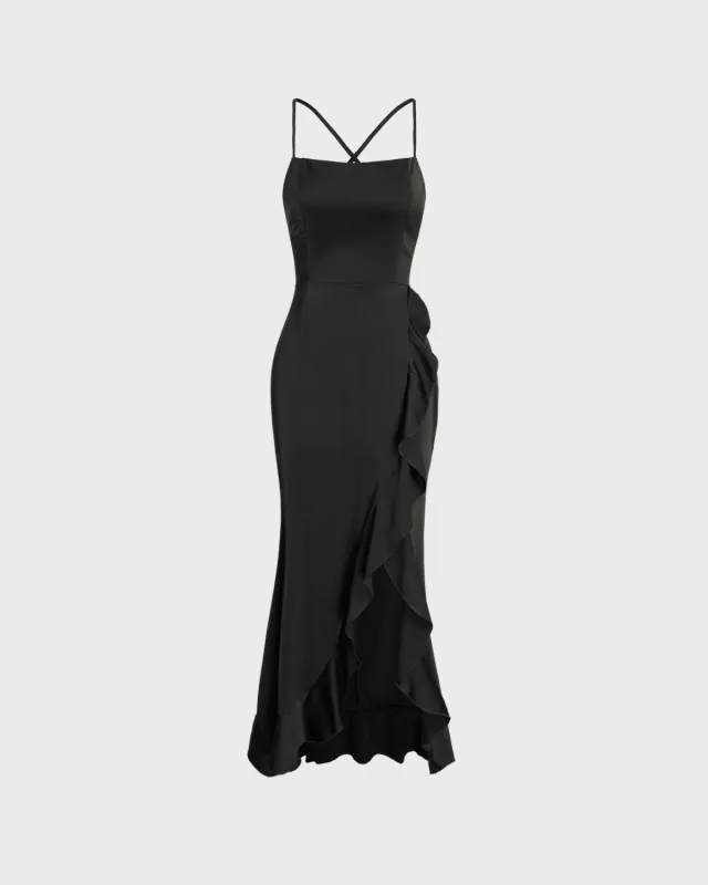 Black Ruffle Backless Slip Maxi Dress sold by rihoas
