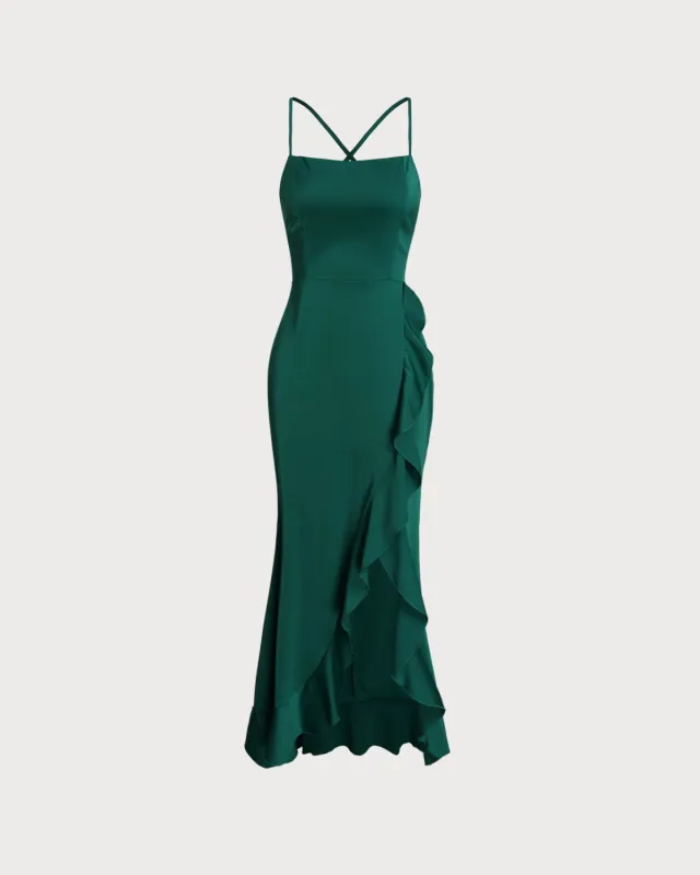 Green Ruffle Backless Slip Maxi Dress sold by rihoas