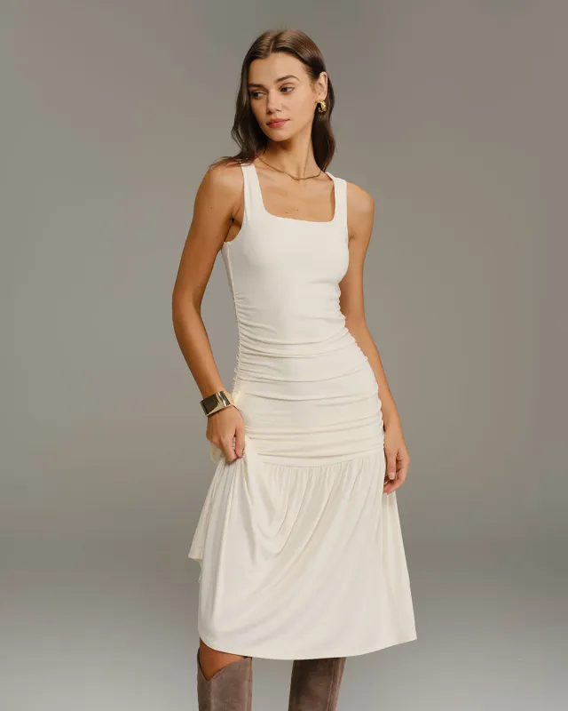 Beige Ruched A-Line Slip Midi Dress sold by rihoas