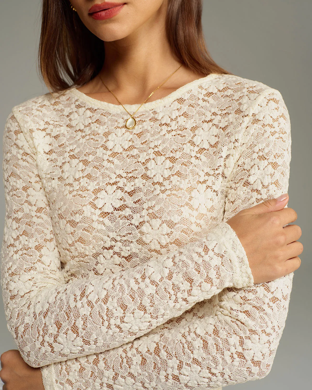 Beige Boat Neck Lace Tee sold by rihoas product image thumbnail 2