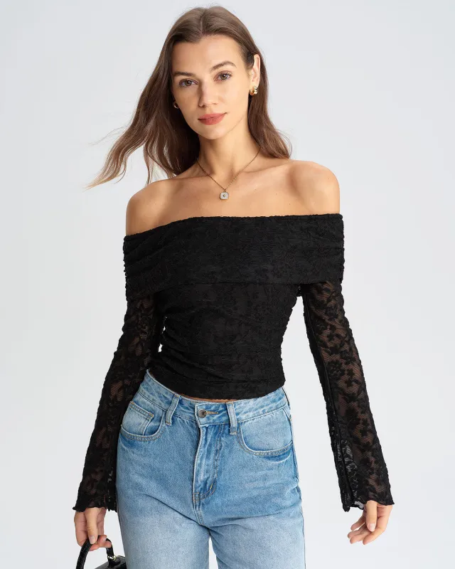 Black Lace Off The Shoulder Tee sold by rihoas