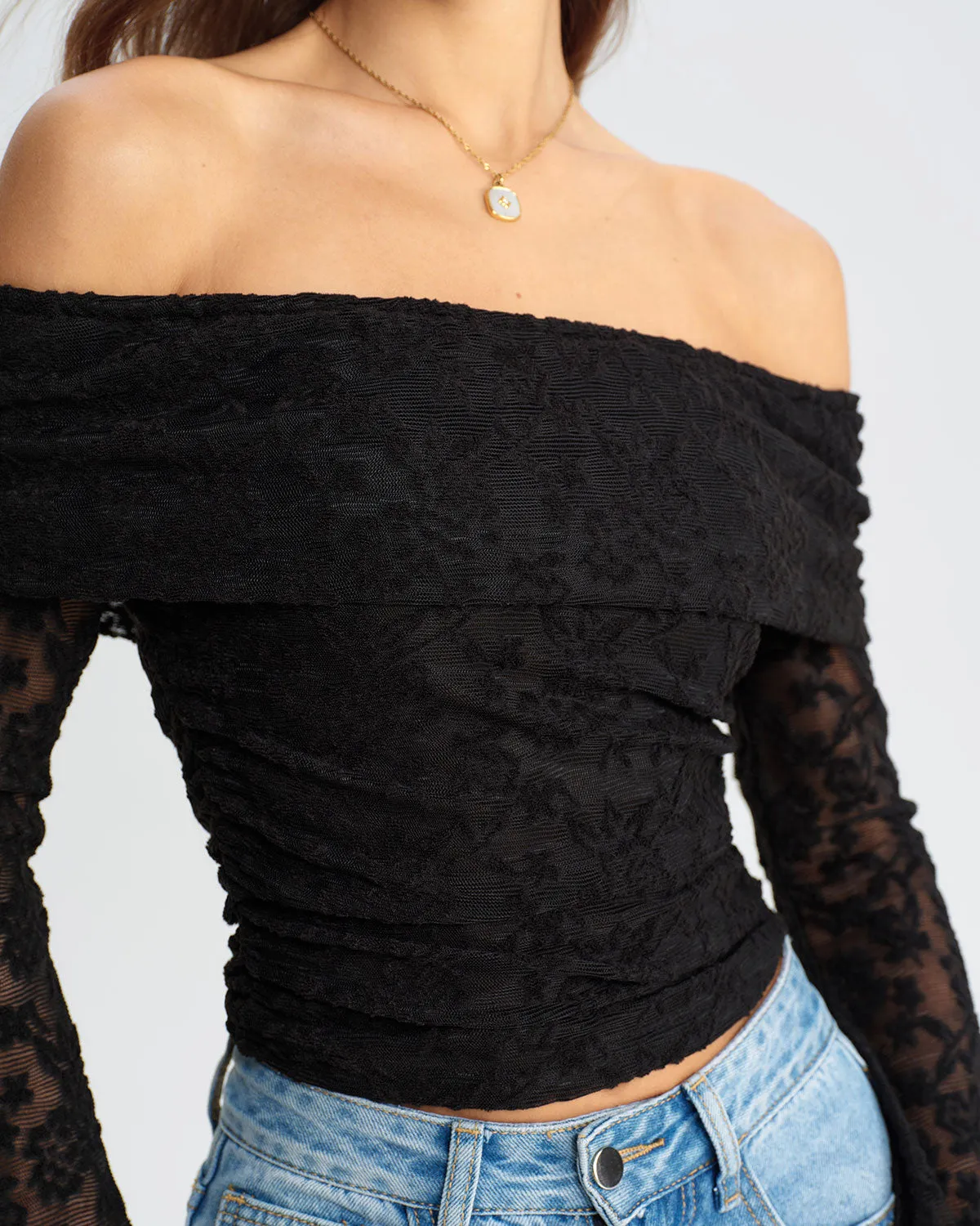 Black Lace Off The Shoulder Tee sold by rihoas product image thumbnail 2