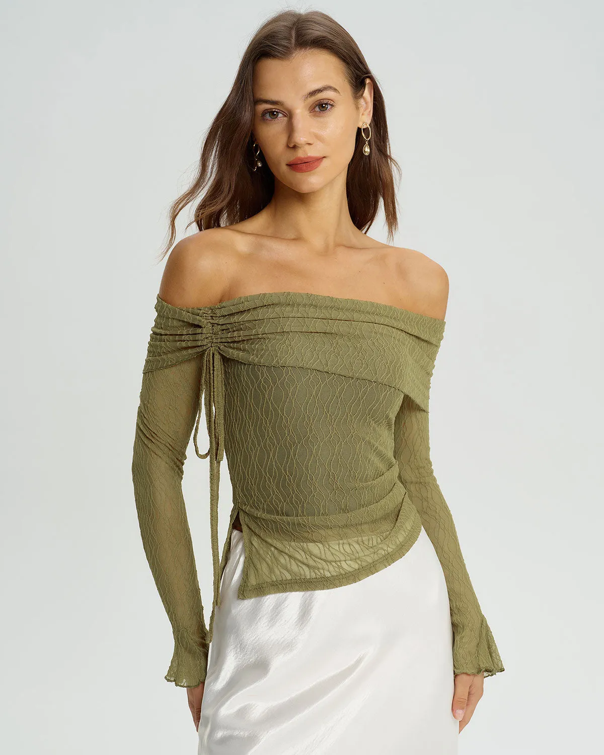 Green Off The Shoulder Bell Sleeve Tee sold by rihoas