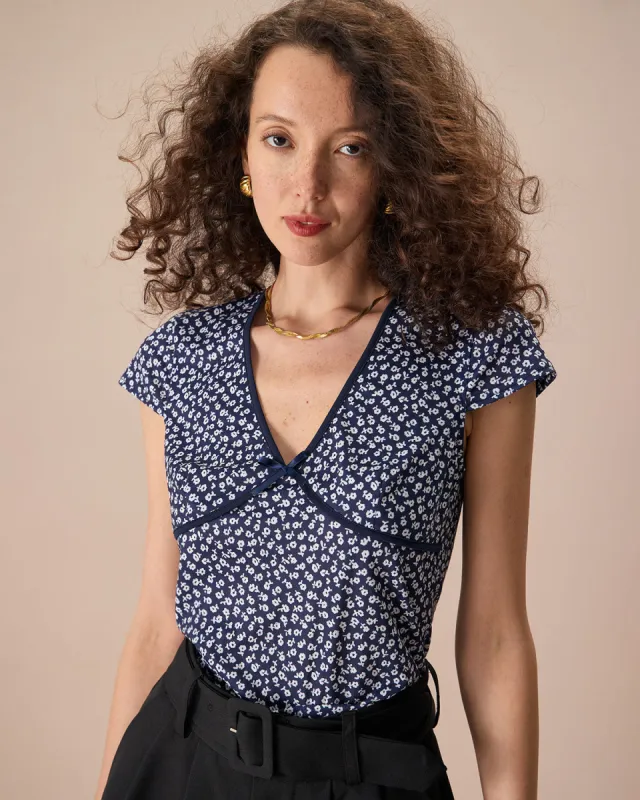 The Navy V Neck Floral Bowknot Tee sold by rihoas