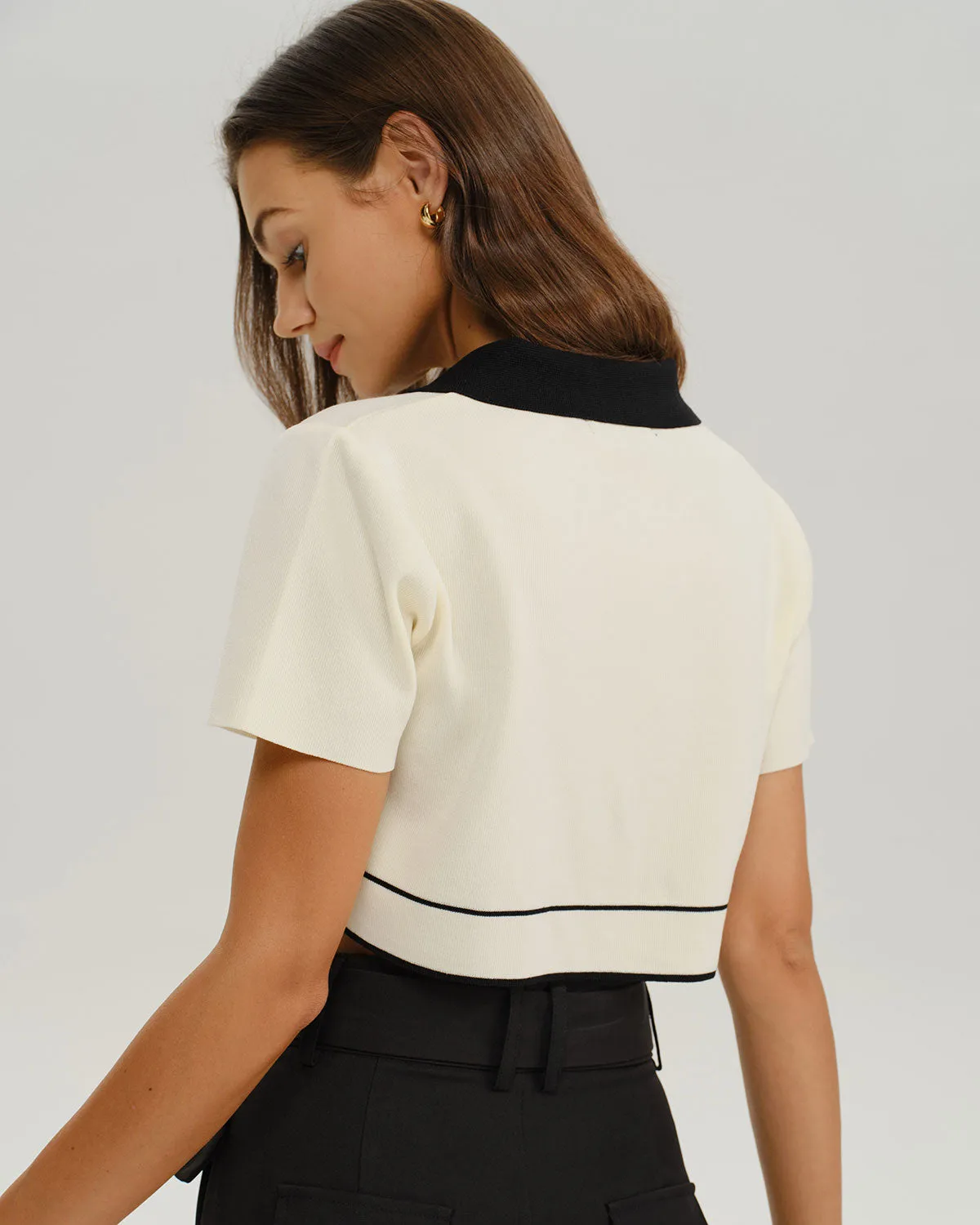 Beige Contrasting Single Breasted Cropped Cardigan sold by rihoas product image thumbnail 4