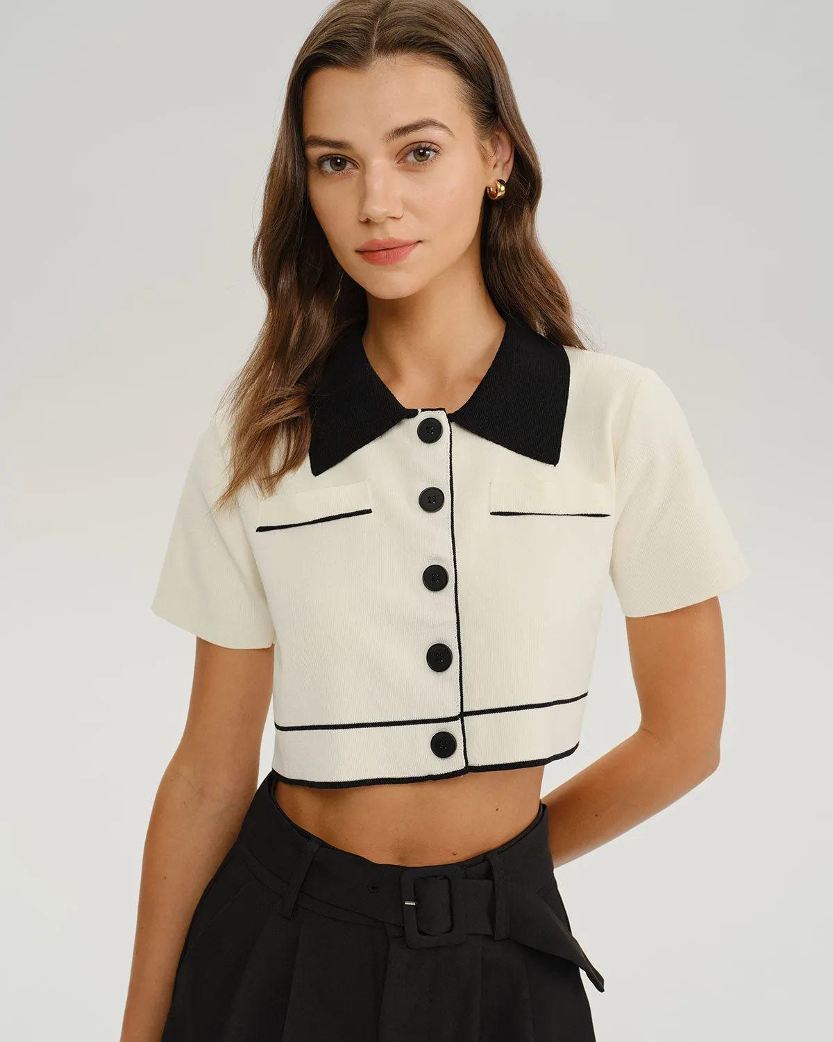 Beige Contrasting Single Breasted Cropped Cardigan sold by rihoas