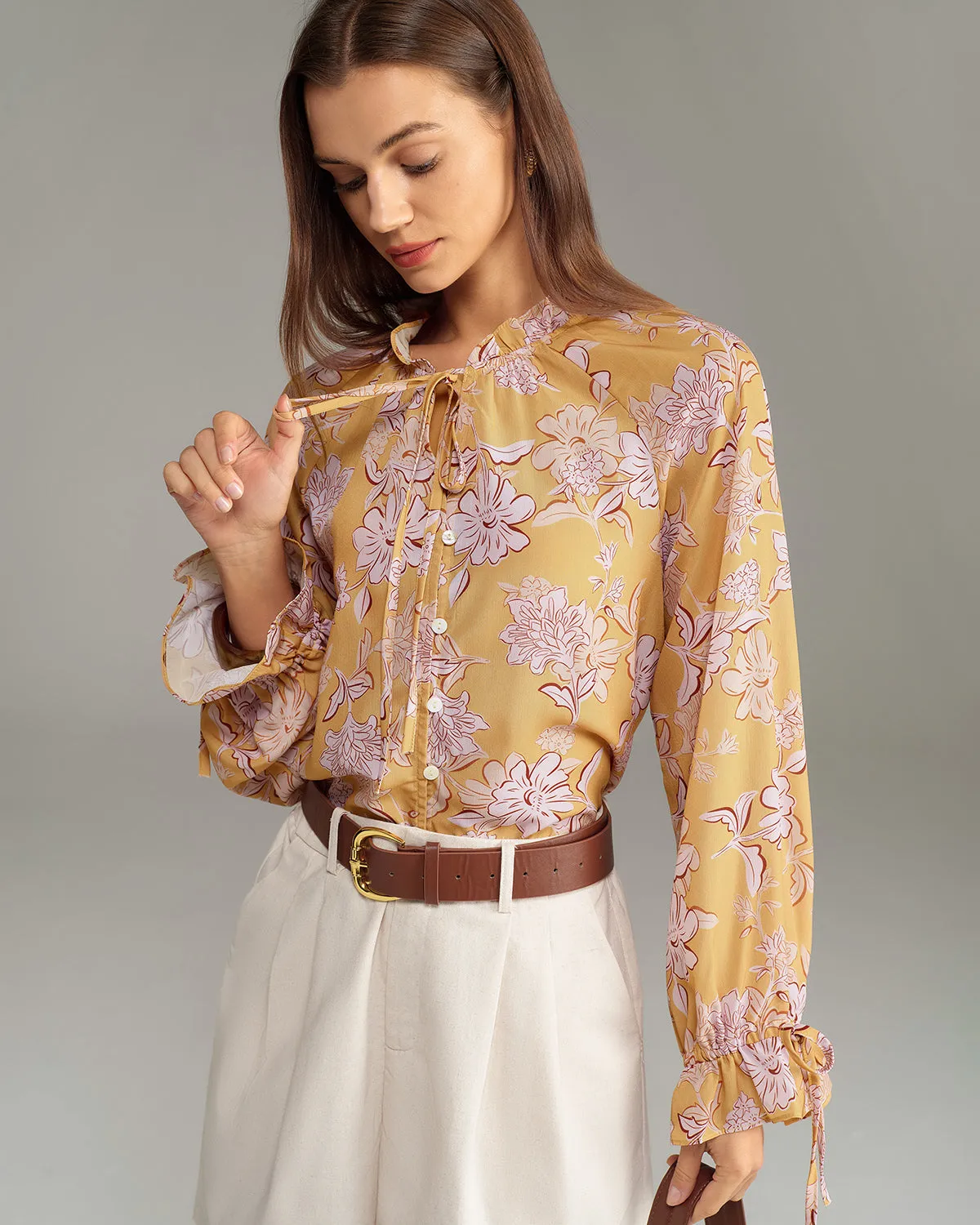 Yellow Floral Ruffle Bell Sleeve Shirt sold by rihoas product image thumbnail 3