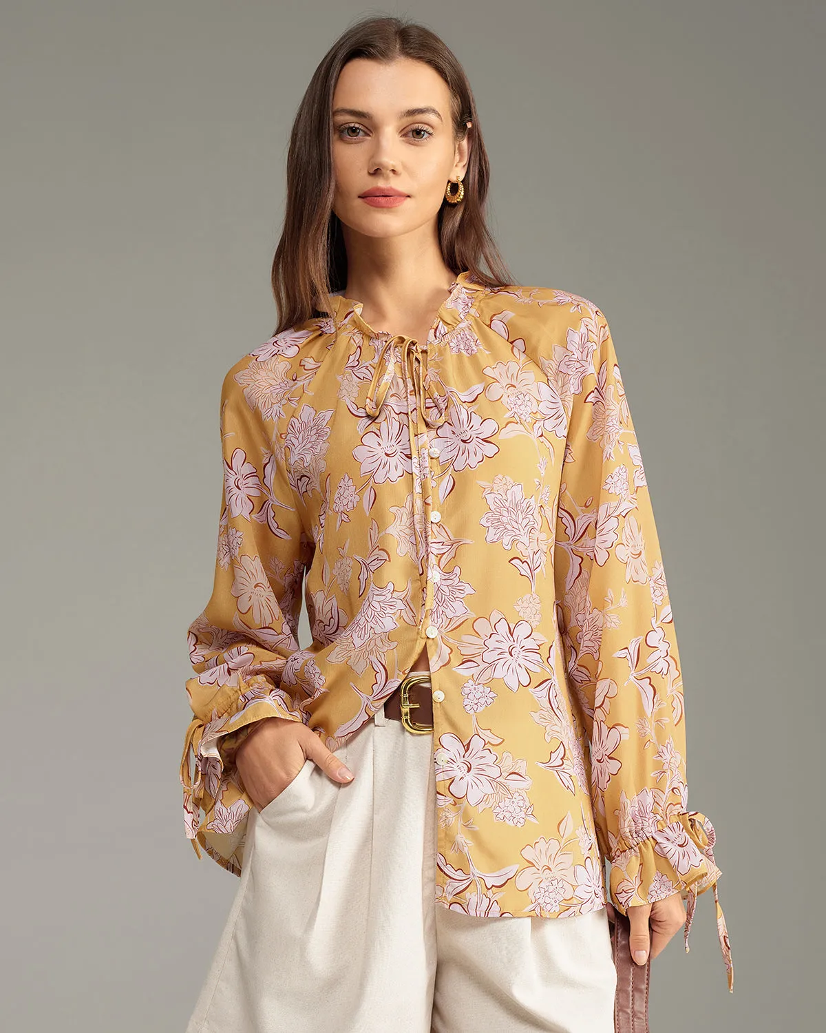 Yellow Floral Ruffle Bell Sleeve Shirt sold by rihoas