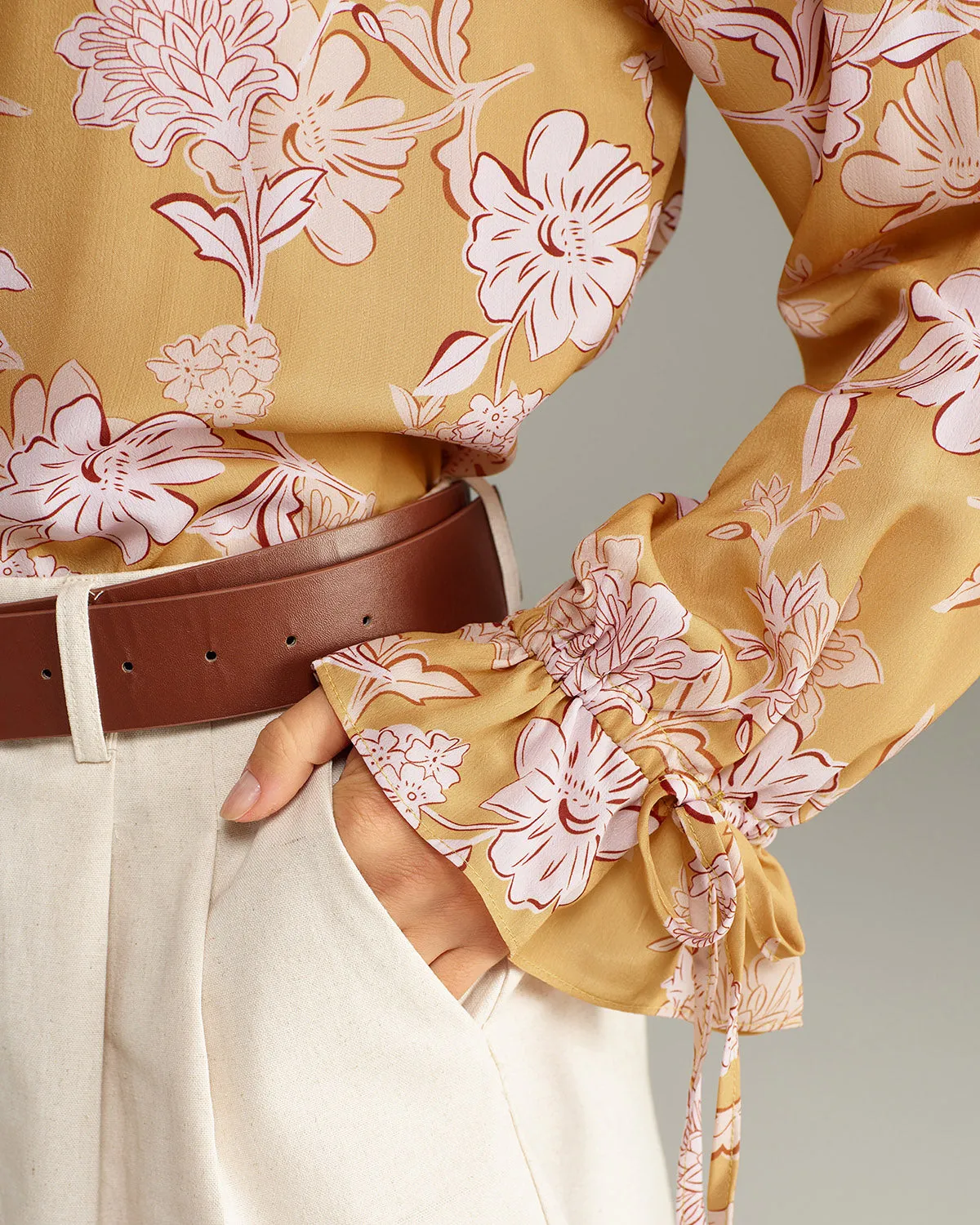 Yellow Floral Ruffle Bell Sleeve Shirt sold by rihoas product image thumbnail 2