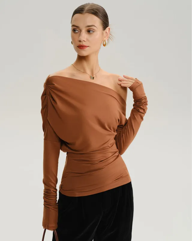 Brown Asymmetrical Batwing Sleeve Tee sold by rihoas