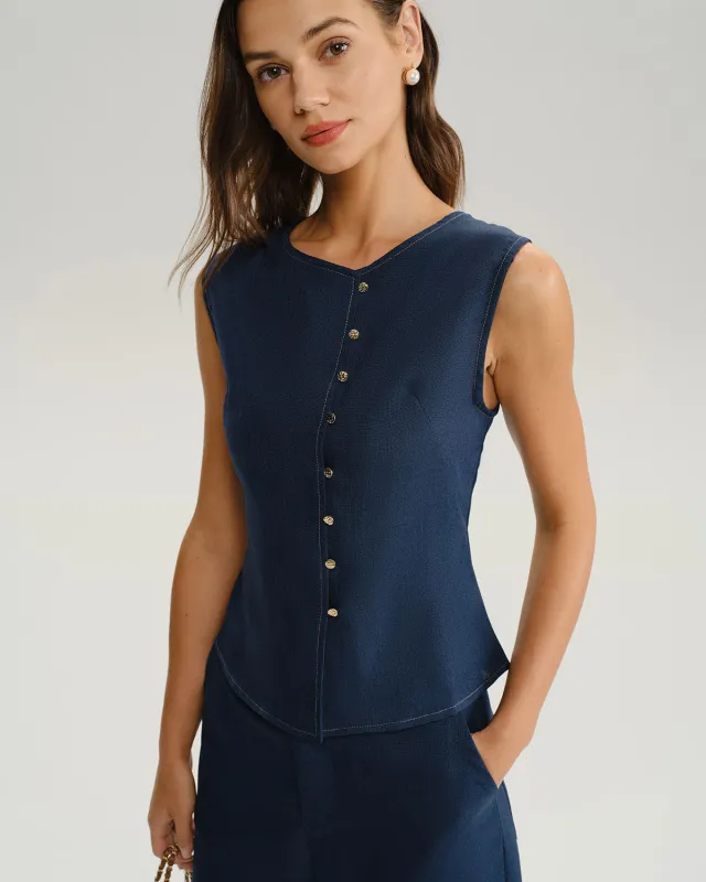 Blue Round Neck Button Vest sold by rihoas