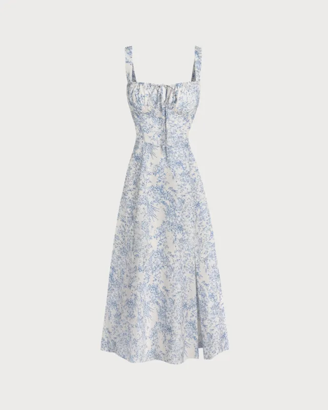 Blue Floral Ruched Slip Midi Dress sold by rihoas