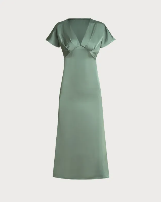 Green Satin V Neck Midi Dress sold by rihoas