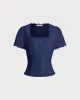 Navy Square Neck Button Blouse sold by rihoas