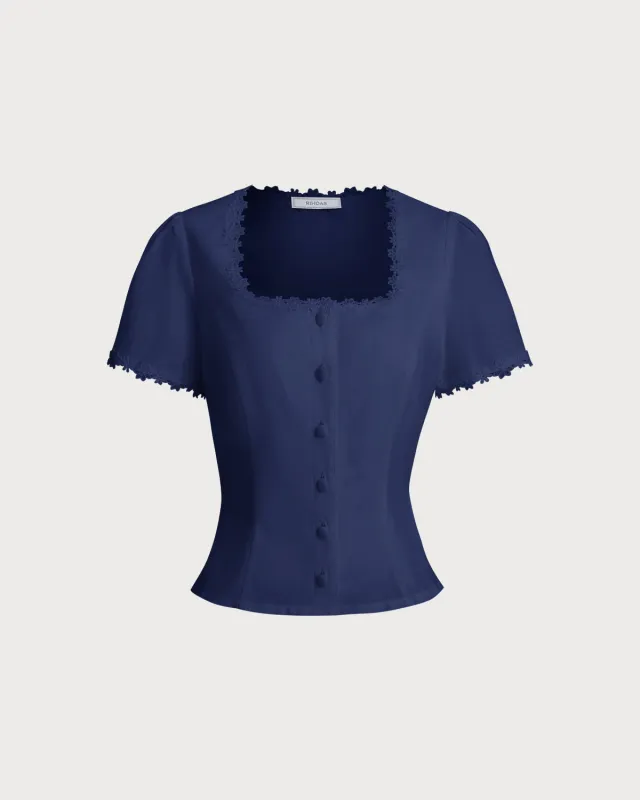 Navy Square Neck Button Blouse sold by rihoas