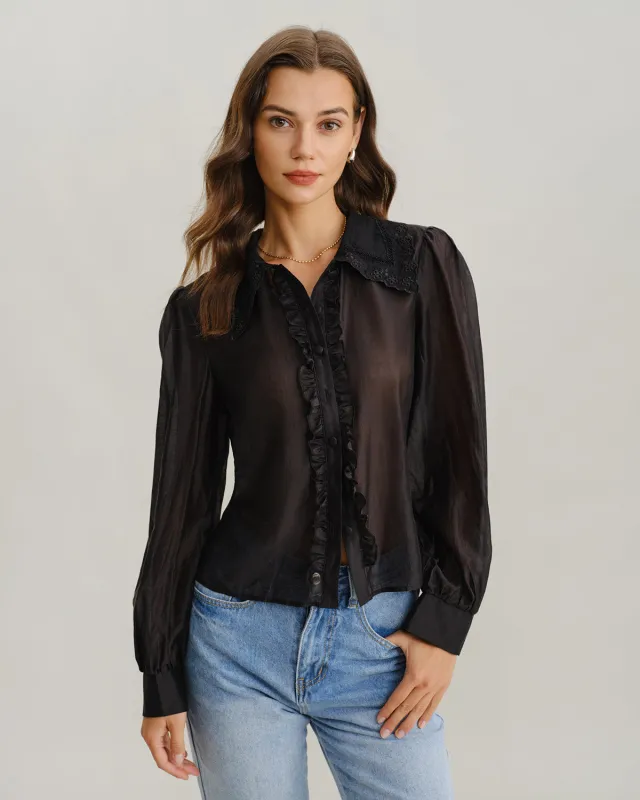 Black Lantern Sleeve Ruffle Shirt sold by rihoas