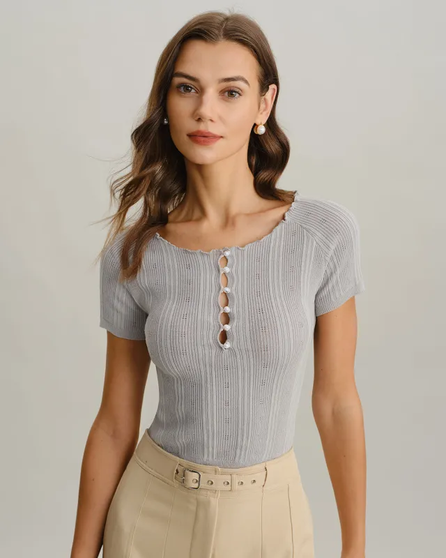 Grey Boat Neck Slim Knit Tee sold by rihoas