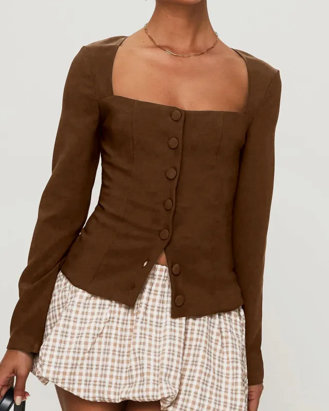 Brown Square Neck Button Blouse sold by rihoas