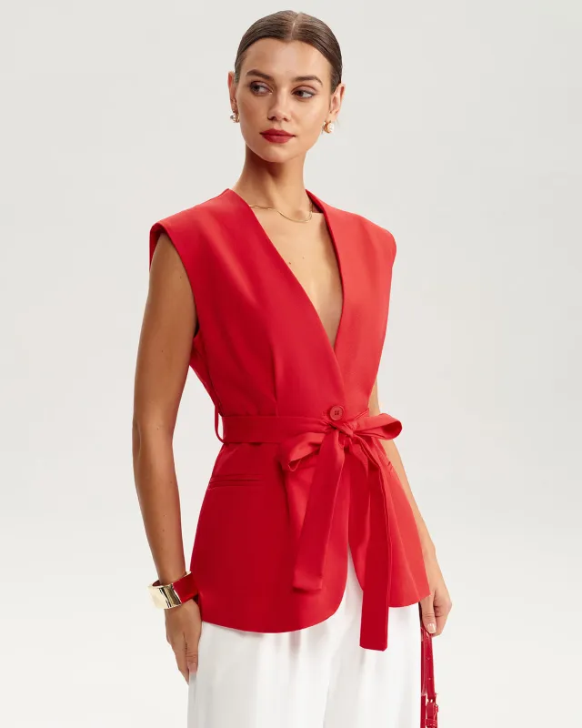 Red V Neck Pocket Vest sold by rihoas