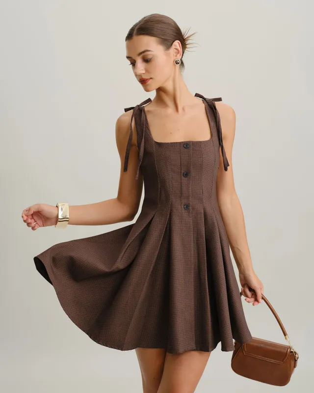 Brown Plaid A-Line Tie Strap Mini Dress sold by rihoas