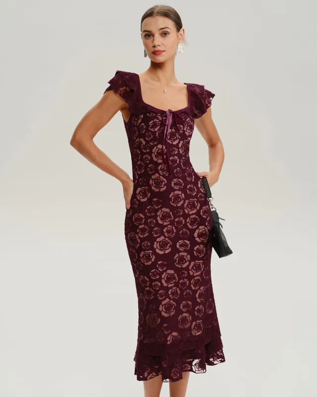Wine Red Floral Mermaid Midi Dress sold by rihoas