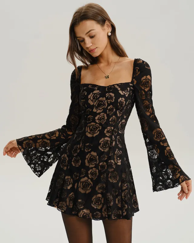 Black See Through Bell Sleeve Mini Dress sold by rihoas