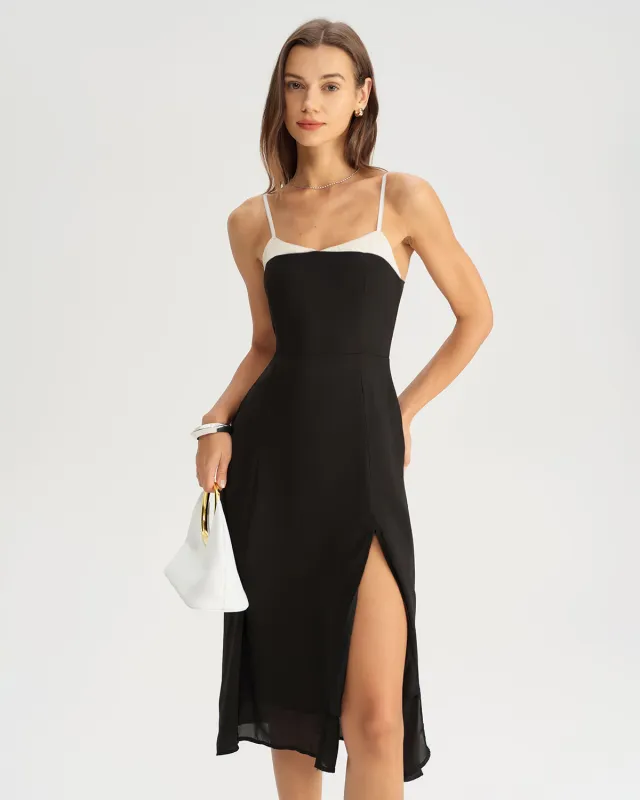 Black Contrasting A-Line Slip Midi Dress sold by rihoas