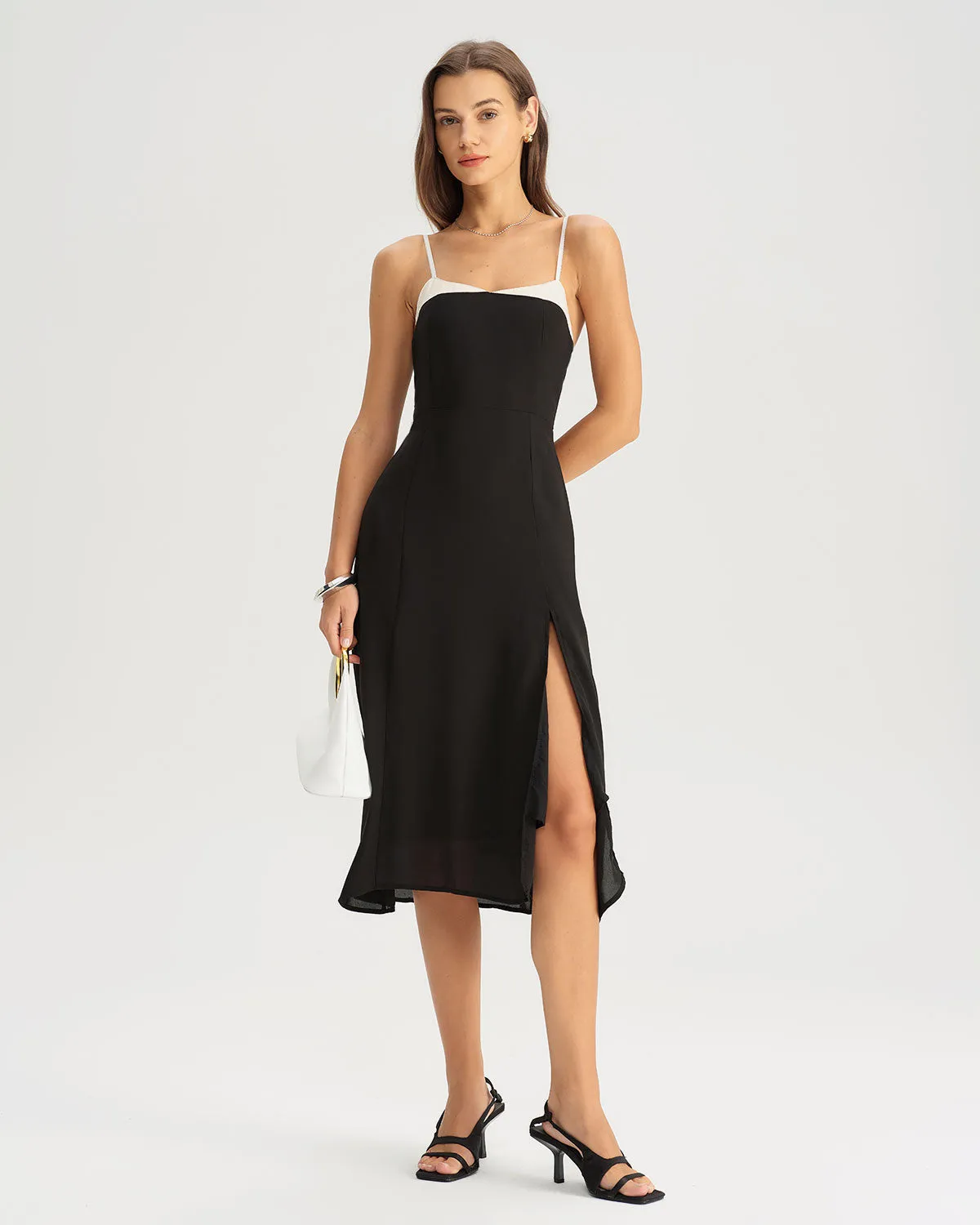 Black Contrasting A-Line Slip Midi Dress sold by rihoas product image thumbnail 3