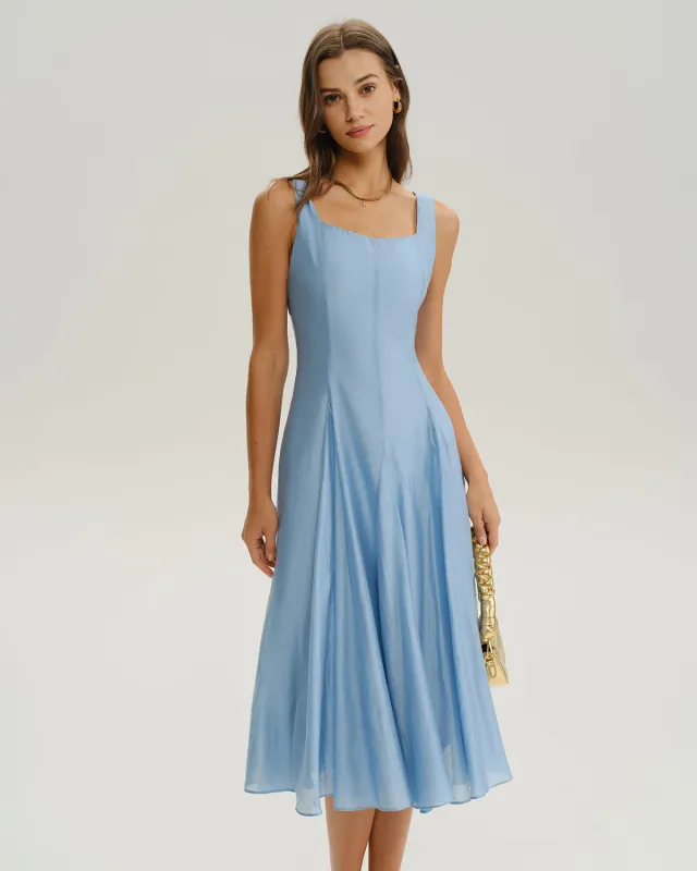 Blue Square Neck A-Line Sleeveless Midi Dress sold by rihoas