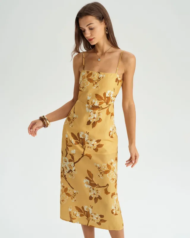 Yellow Floral Shirred Slip Midi Dress sold by rihoas