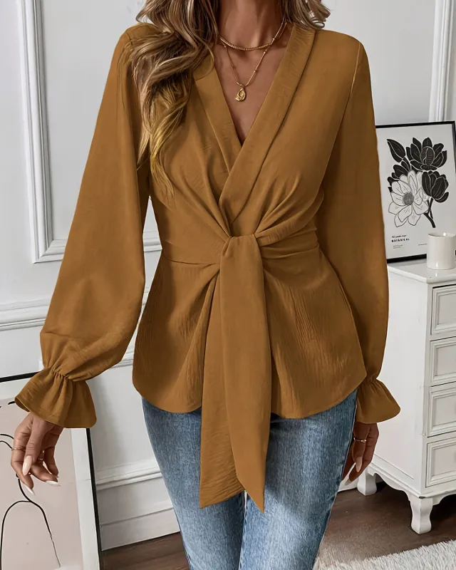 Caramel Ruched Poet Sleeve Shirt sold by rihoas