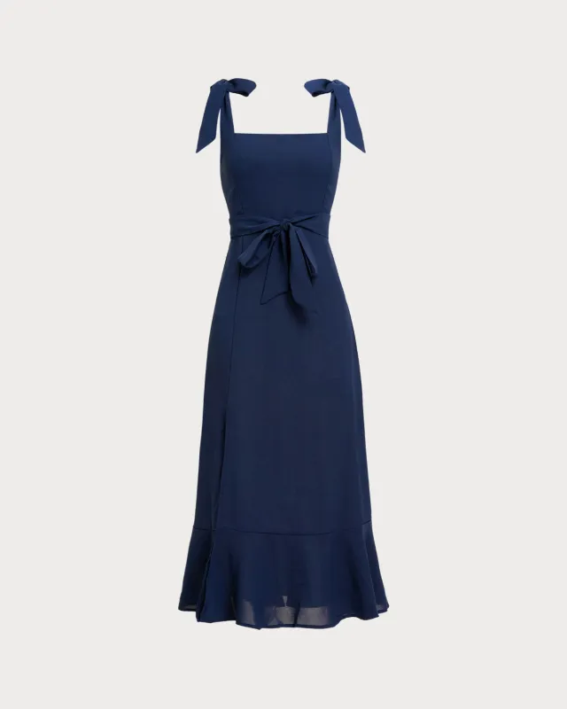 Navy Square Neck A-Line Shirred Midi Dress sold by rihoas
