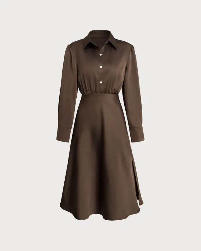 Coffee Ruched Button Midi Dress sold by rihoas